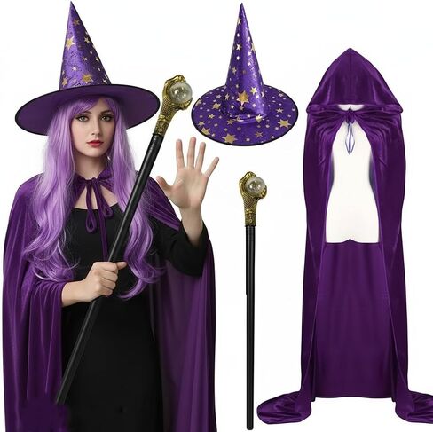 مجموعة أزياء Yaqizeng Wizard مع مخملية Cloak Wig Beard Wand Hat Halloween Witch Magician Cosplay Comple Props Props in Kuwait
