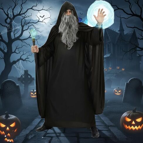 مجموعة أزياء Yaqizeng Wizard مع مخملية Cloak Wig Beard Wand Hat Halloween Witch Magician Cosplay Comple Props Props in Kuwait