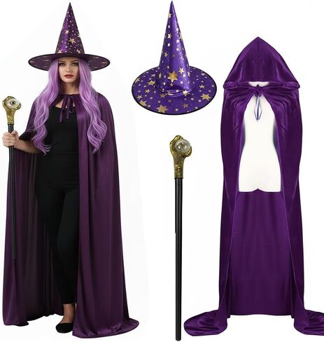 مجموعة أزياء Yaqizeng Wizard مع مخملية Cloak Wig Beard Wand Hat Halloween Witch Magician Cosplay Comple Props Props in Kuwait