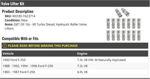 Hydraulic Roller Valve Lifter Kit - 16 Piece - Compatible with 1983-1996 Ford F-250 6.9L 7.3L V8 Turbo Diesel in Saudi Arabia