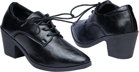 Women's Chunky Mid-Heel Oxford Shoes Pointed Toe Lace-up Vintage Dress Pumps Shoes in Saudi Arabia