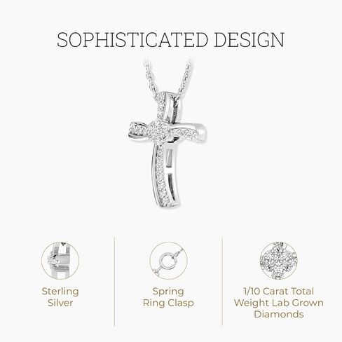 GILDED 1/10 ct. T.W. Lab Grown Diamond (SI1 Clarity, F Color) and Sterling Silver Cross Pendant with an 18 Inch Spring Ring Clasp Cable Chain in Saudi Arabia