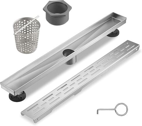 Linear Shower Drain, Brushed Nickel Shower Drain 32 Inch with Removable Grate, SUS-304 Stainless Steel Rectangle Floor Drain with Leveling Feet and Hair Strainer, Bathroom Modern Drain SD-101 in Kuwait