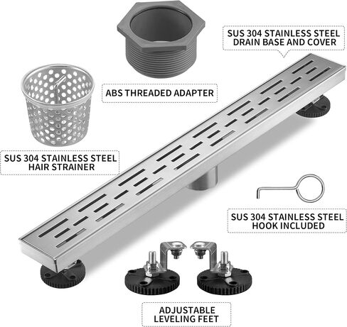 Linear Shower Drain, Brushed Nickel Shower Drain 32 Inch with Removable Grate, SUS-304 Stainless Steel Rectangle Floor Drain with Leveling Feet and Hair Strainer, Bathroom Modern Drain SD-101 in Kuwait