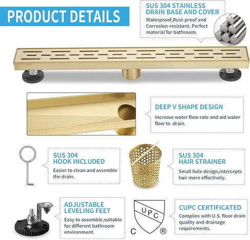 Linear Shower Drain, Brushed Nickel Shower Drain 32 Inch with Removable Grate, SUS-304 Stainless Steel Rectangle Floor Drain with Leveling Feet and Hair Strainer, Bathroom Modern Drain SD-101 in Saudi Arabia