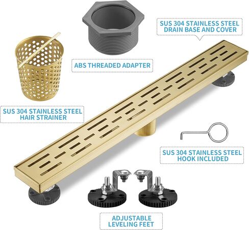 Linear Shower Drain, Brushed Nickel Shower Drain 32 Inch with Removable Grate, SUS-304 Stainless Steel Rectangle Floor Drain with Leveling Feet and Hair Strainer, Bathroom Modern Drain SD-101 in Saudi Arabia