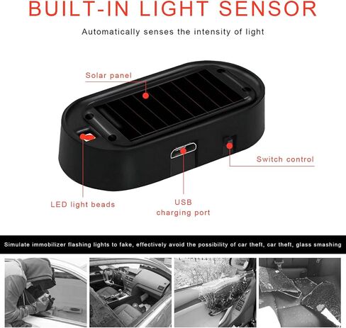 2PCS Car Solar Power Simulated Dummy Alarm, Anti-Theft Car Warning Light Fake Lamp with Light Sensor, Automotive Interior LED Flashing Security Lights with USB Charger Port (Red) in Kuwait