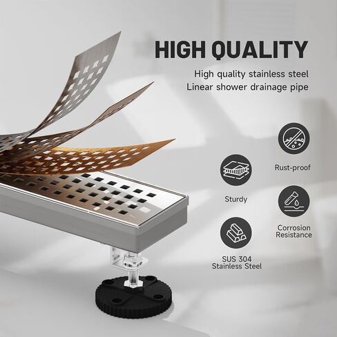 Linear Shower Drain, 12 Inch Linear Drain with Brick Pattern Grate 304 Stainless Steel Shower Drains, Rectangular Shower Floor Drain w/Leveling Feet, Hair Trap for Bathroom and Balcony Brushed Nickel in Kuwait