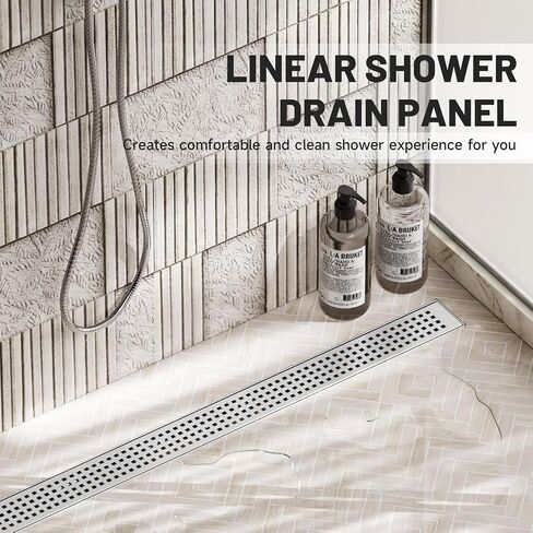 Linear Shower Drain, 12 Inch Linear Drain with Brick Pattern Grate 304 Stainless Steel Shower Drains, Rectangular Shower Floor Drain w/Leveling Feet, Hair Trap for Bathroom and Balcony Brushed Nickel in Kuwait