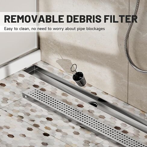 Linear Shower Drain, 12 Inch Linear Drain with Brick Pattern Grate 304 Stainless Steel Shower Drains, Rectangular Shower Floor Drain w/Leveling Feet, Hair Trap for Bathroom and Balcony Brushed Nickel in Kuwait