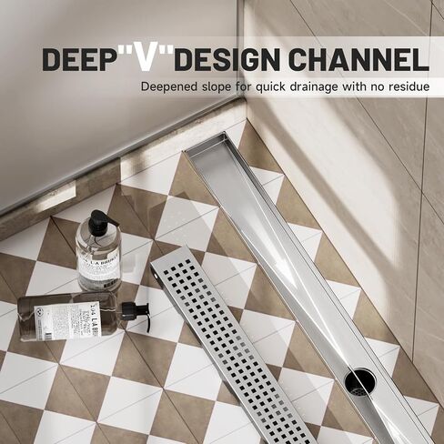 Linear Shower Drain, 12 Inch Linear Drain with Brick Pattern Grate 304 Stainless Steel Shower Drains, Rectangular Shower Floor Drain w/Leveling Feet, Hair Trap for Bathroom and Balcony Brushed Nickel in Kuwait