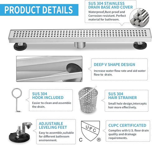Linear Shower Drain 32 Inch Rectangular, SUS-304 Stainless Steel Black Shower Drain, 51L/Min Fast Drainage Floor Linear Drain, US Standard CUPC Certified, Matte Black, SD-112-32B in Saudi Arabia