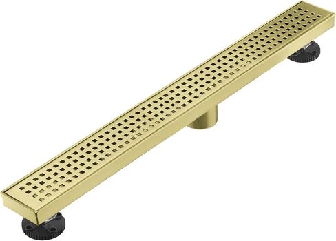 Linear Shower Floor Drain, Brushed Gold 12 Inch 304 Stainless Steel Bathroom Drains Kit, Long Rectangular Shower Trench Drain with Square Pattern Drain Cover & Hair Catcher in Saudi Arabia