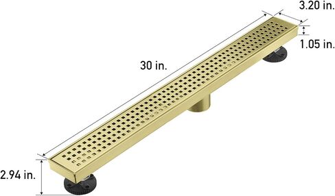 Linear Shower Floor Drain, Brushed Gold 12 Inch 304 Stainless Steel Bathroom Drains Kit, Long Rectangular Shower Trench Drain with Square Pattern Drain Cover & Hair Catcher in Saudi Arabia