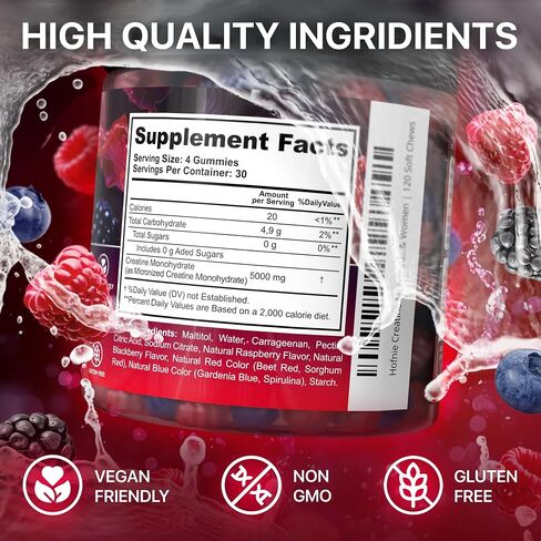 الكرياتين أحادي الهيدرات Gummies 5000 ملغ-Raspberry & Blackberry النكهة المعقدة أحادية الهيدرا للنساء ، PerfectFit للنباتات ، خالية من السكر قبل التمرينات للرجال والنساء | 120 كرياتين يمضغ in Saudi Arabia