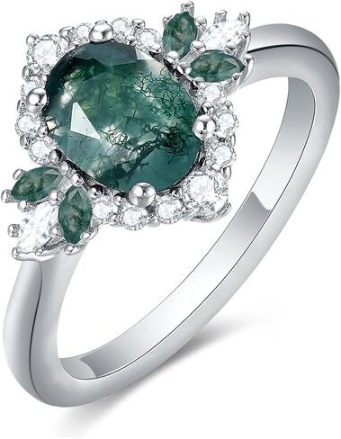 Natural Gemstone Engagement Ring for Women 925 Sterling Silver Platinum Plated Moss Agate/Black Rutilated Quartz Vintage Promise Wedding Ring for Her Size 4-9 in Saudi Arabia