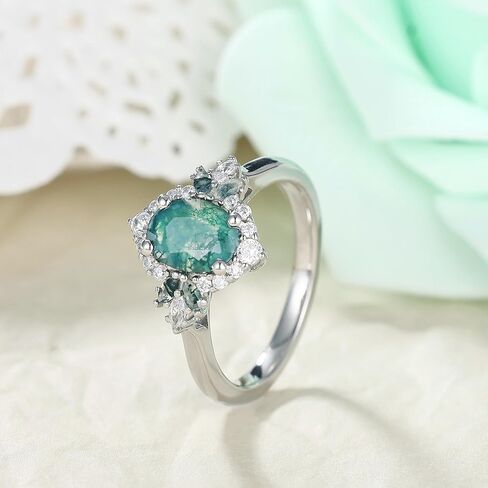 Natural Gemstone Engagement Ring for Women 925 Sterling Silver Platinum Plated Moss Agate/Black Rutilated Quartz Vintage Promise Wedding Ring for Her Size 4-9 in Saudi Arabia