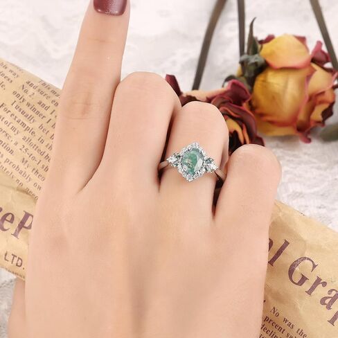 Natural Gemstone Engagement Ring for Women 925 Sterling Silver Platinum Plated Moss Agate/Black Rutilated Quartz Vintage Promise Wedding Ring for Her Size 4-9 in Saudi Arabia