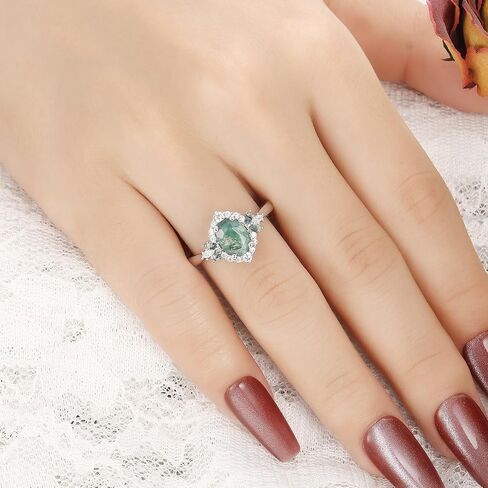 Natural Gemstone Engagement Ring for Women 925 Sterling Silver Platinum Plated Moss Agate/Black Rutilated Quartz Vintage Promise Wedding Ring for Her Size 4-9 in Saudi Arabia