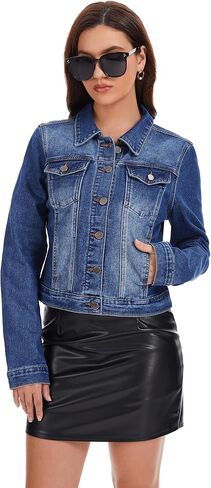 andy & natalie Women's Jean Jacket Stretch Cropped Button Down Denim Jackets Fitted Classic Jacket with Pockets in Kuwait