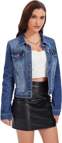 andy & natalie Women's Jean Jacket Stretch Cropped Button Down Denim Jackets Fitted Classic Jacket with Pockets in Kuwait