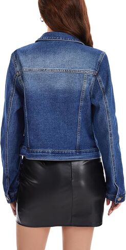 andy & natalie Women's Jean Jacket Stretch Cropped Button Down Denim Jackets Fitted Classic Jacket with Pockets in Kuwait