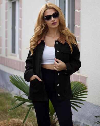 Luvamia Jean سترة النساء العصرية لأسفل على النقيض من طوق Corduroy طوق غير رسائل سترات الدنيم حظيرة مع جيوب in Saudi Arabia