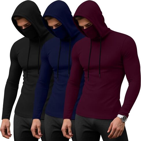 3 حزمة هوديس الرياضة للرجال مع ضغط القناع طويلة الأكمام الطويلة القمصان قاعدة tees تشغيل pullover in Kuwait
