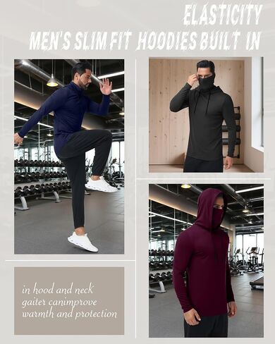 3 حزمة هوديس الرياضة للرجال مع ضغط القناع طويلة الأكمام الطويلة القمصان قاعدة tees تشغيل pullover in Kuwait