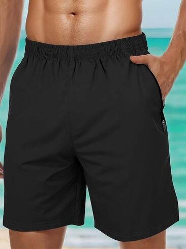 Men's Swim Trunks Solid Quick Drying Beach Swimming Board Shorts with Zipper Pockets in Saudi Arabia