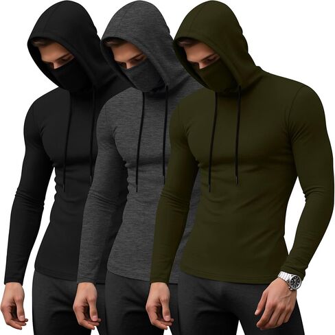 3 حزمة هوديس الرياضة للرجال مع ضغط القناع طويلة الأكمام الطويلة القمصان قاعدة tees تشغيل pullover in Kuwait