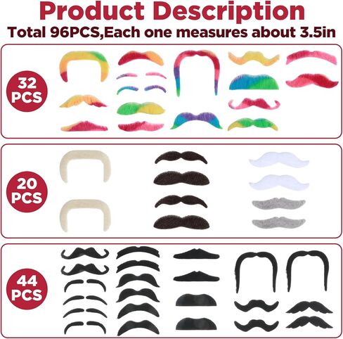 96pcs Fake Mustaches Bulk Stick on Mustache Fake Beard Costume Self Adhesive Moustache Novelty Realistic Mustaches Sticker for Costume Beard Cosplay Party Halloween Christmas Multicolor in Saudi Arabia