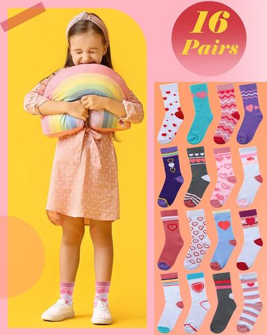 16 Pairs Socks for Kid Girl Crew Cotton Pink Socks with Stripes Heart Casual Athletic 6-10 Soft Christmas Sock in Saudi Arabia