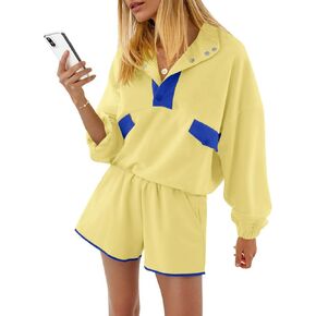 Fisoew Womens 2 Piece Sets Sweatsuits Casual Half Button Color Block Sweatshirts Running Shorts Tracksuits Fall Outfits in Kuwait