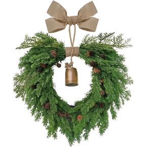 Christmas Wreath for Front Door, Heart-Shaped Holiday Wreath with Bell & Real Pine Cones, Artificial Green Leaves for Indoor & Outdoor Wall Decor, Garden Party Decoration (20 inches) in Saudi Arabia