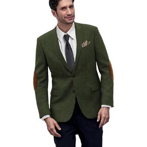 Mens Blazer Vintage Herringbone Tweed Jackets Two Button Sport Coat with Pocket Square with Elbow Patches in Saudi Arabia
