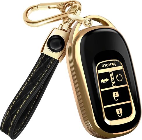 Lucrum Compatible with Honda Key Fob Cover & Leather Keychain - TPU Keyfob Case for Accord Civic CR-V SE LX HR-V Pilot (2022-2025) - Black and Gold in Saudi Arabia