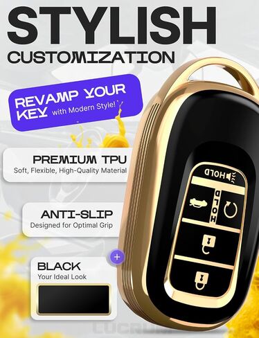 Lucrum Compatible with Honda Key Fob Cover & Leather Keychain - TPU Keyfob Case for Accord Civic CR-V SE LX HR-V Pilot (2022-2025) - Black and Gold in Saudi Arabia