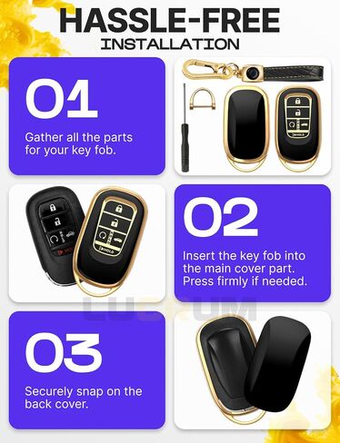 Lucrum Compatible with Honda Key Fob Cover & Leather Keychain - TPU Keyfob Case for Accord Civic CR-V SE LX HR-V Pilot (2022-2025) - Black and Gold in Saudi Arabia