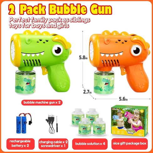 Kids Bubble Gun 2 Pack Dino Bubble Machine Gun for Toddlers with 4 Bubbles Solution Automatic 13-Hole Bubbles Blower Maker Bubbles for Kids Party Favors Stocking Stuffers Birthday Gift for Boys Girls in Saudi Arabia