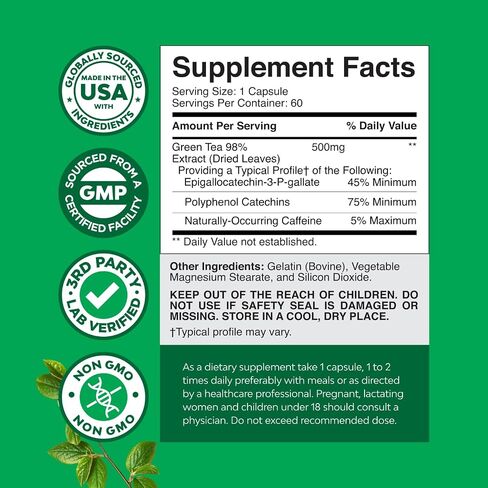 Green Tea Extract Capsules - 500mg Pure Leaf Green Tea Caffeine Supplement - EGCG, Caffeine Extract & Polyphenols Supplement for Healthy Metabolism Support for Women & Men - Natural Detox - 60 Count in Saudi Arabia