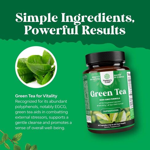 Green Tea Extract Capsules - 500mg Pure Leaf Green Tea Caffeine Supplement - EGCG, Caffeine Extract & Polyphenols Supplement for Healthy Metabolism Support for Women & Men - Natural Detox - 60 Count in Saudi Arabia
