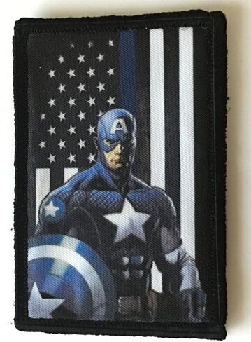 RedheadedTshirts - Captain America Thin Blue Line Morale Patch.. 2x3 Hook and Loop Patch. Made in The USA in Saudi Arabia