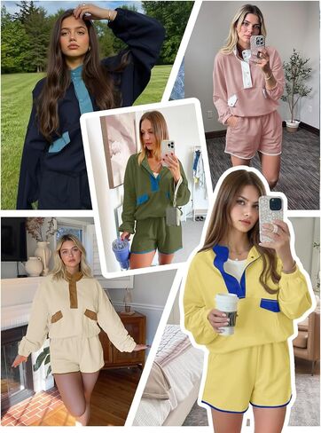 Fisoew Womens 2 قطعة مجموعات التعرق غير الرسمي نصف زر بلوك بلوك سروال سراويل القصيرة المسارات السقوط in Saudi Arabia