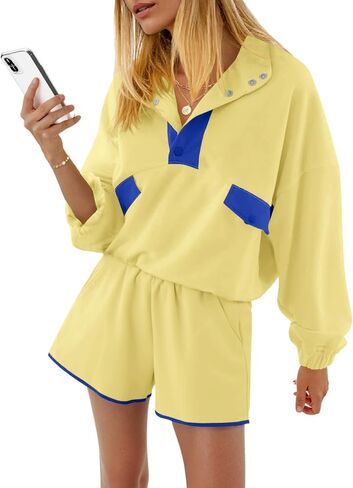Fisoew Womens 2 قطعة مجموعات التعرق غير الرسمي نصف زر بلوك بلوك سروال سراويل القصيرة المسارات السقوط in Saudi Arabia