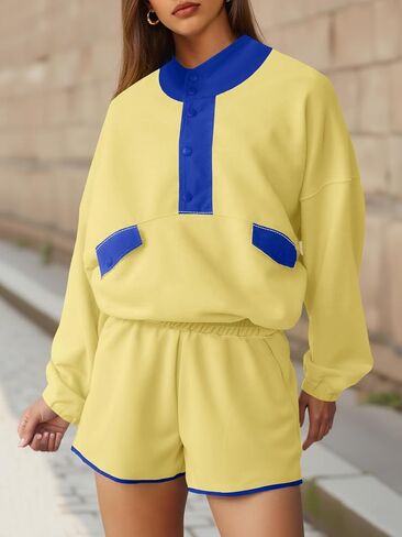 Fisoew Womens 2 قطعة مجموعات التعرق غير الرسمي نصف زر بلوك بلوك سروال سراويل القصيرة المسارات السقوط in Saudi Arabia