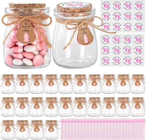 24 PCS حفلات استحمام الطفل الحفلات للضيوف ، هدايا استحمام الطفل للضيوف ، 3.4 أوقية زجاجات ماسون صغيرة مع أغطية الفلين ، ملصقات ، علامات الملصقات ، خيوط ، أكياس عضوية ، جرة حلوى صغيرة للفتيات in Kuwait
