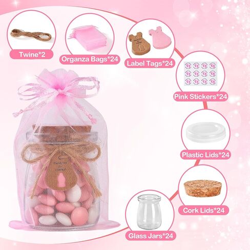 24 PCS حفلات استحمام الطفل الحفلات للضيوف ، هدايا استحمام الطفل للضيوف ، 3.4 أوقية زجاجات ماسون صغيرة مع أغطية الفلين ، ملصقات ، علامات الملصقات ، خيوط ، أكياس عضوية ، جرة حلوى صغيرة للفتيات in Kuwait