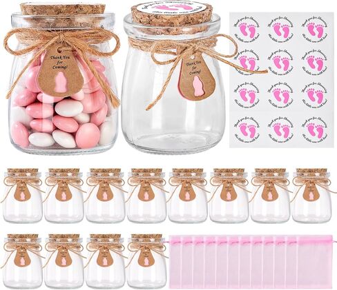 24 PCS حفلات استحمام الطفل الحفلات للضيوف ، هدايا استحمام الطفل للضيوف ، 3.4 أوقية زجاجات ماسون صغيرة مع أغطية الفلين ، ملصقات ، علامات الملصقات ، خيوط ، أكياس عضوية ، جرة حلوى صغيرة للفتيات in Kuwait