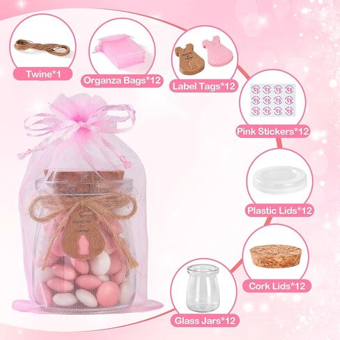 24 PCS حفلات استحمام الطفل الحفلات للضيوف ، هدايا استحمام الطفل للضيوف ، 3.4 أوقية زجاجات ماسون صغيرة مع أغطية الفلين ، ملصقات ، علامات الملصقات ، خيوط ، أكياس عضوية ، جرة حلوى صغيرة للفتيات in Kuwait